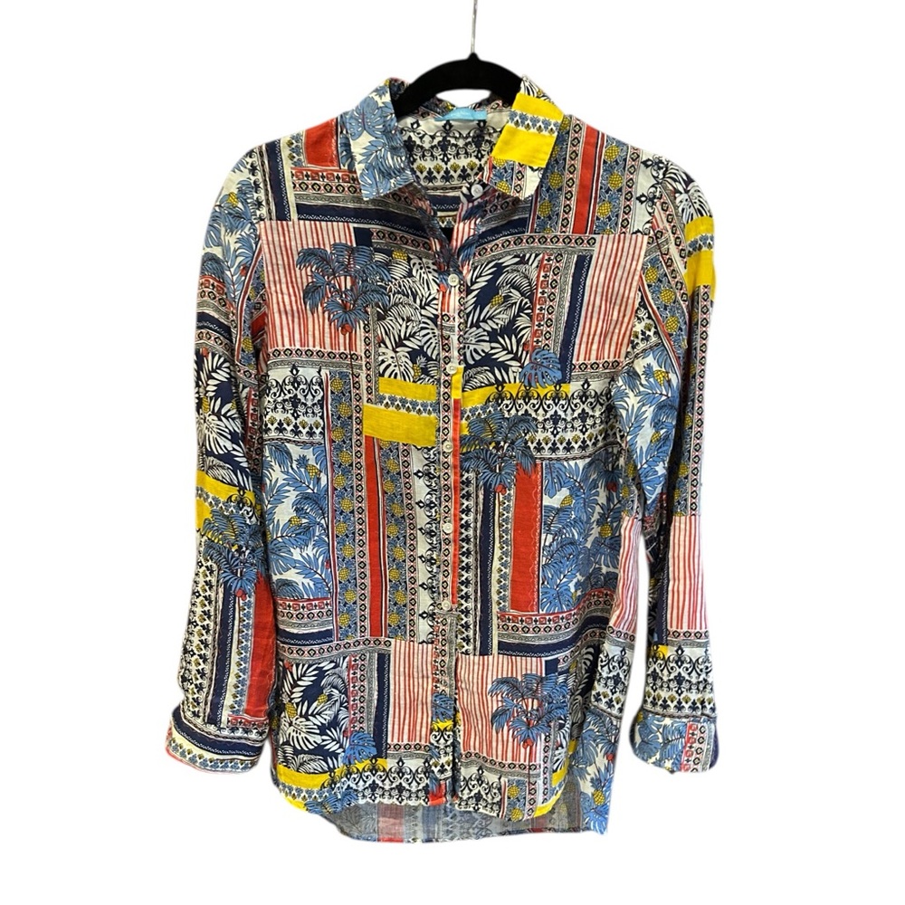 J Mclaughlin Britt Linen Blouse Patchwork Print Xs - image 3